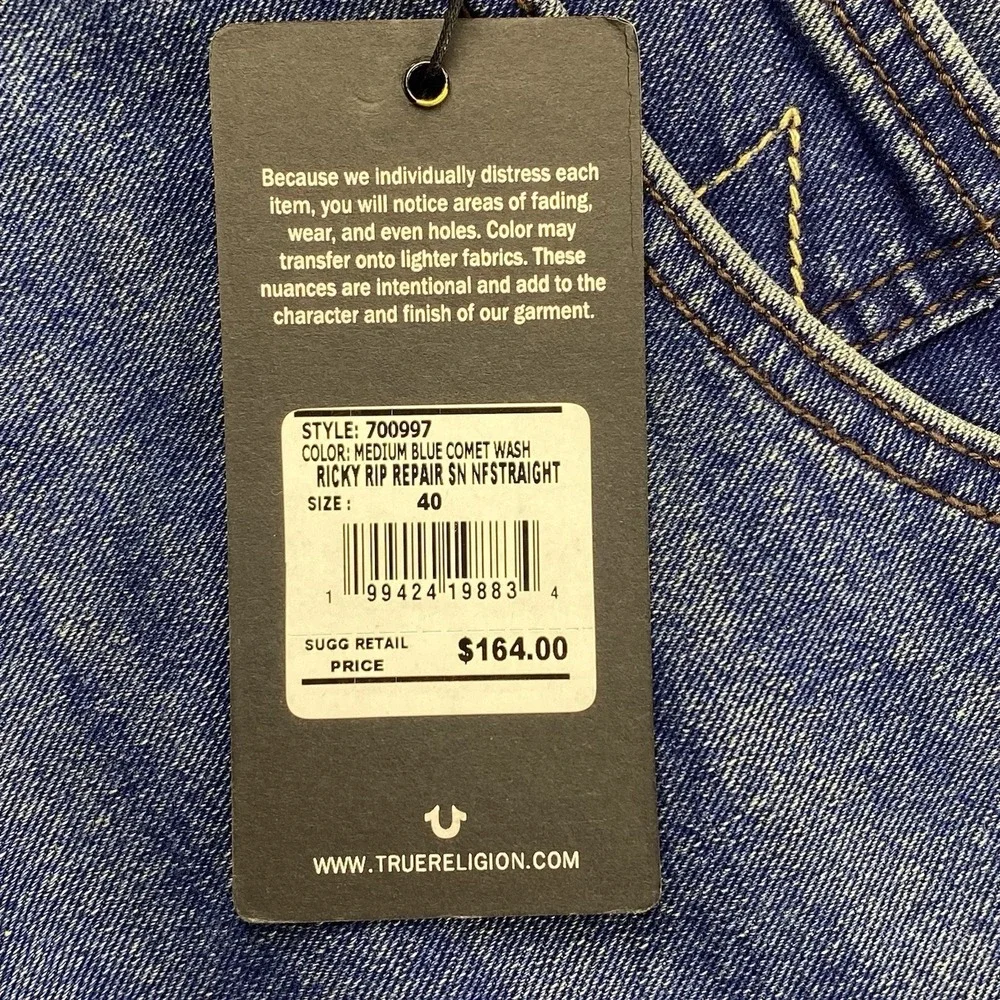 True Religion Ricky Straight Jeans Men's Size 40 Medium Blue Comet Wash NWT